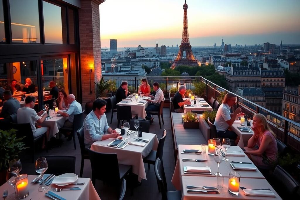 Rooftop terrace dining with Eiffel Tower view in summer Paris Rooftop terrace dining with Eiffel Tower view in summer Paris