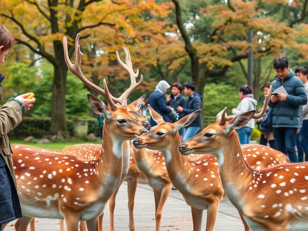 Sacred deer in Nara Park during summer with visitors