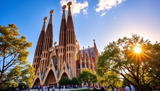 Sagrada Familia illuminated at sunset during summer in Barcelona