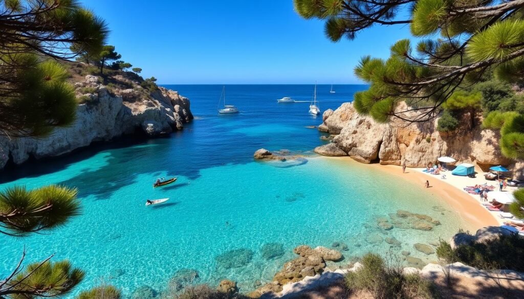 Secluded cove on Costa Brava with turquoise water and summer visitors