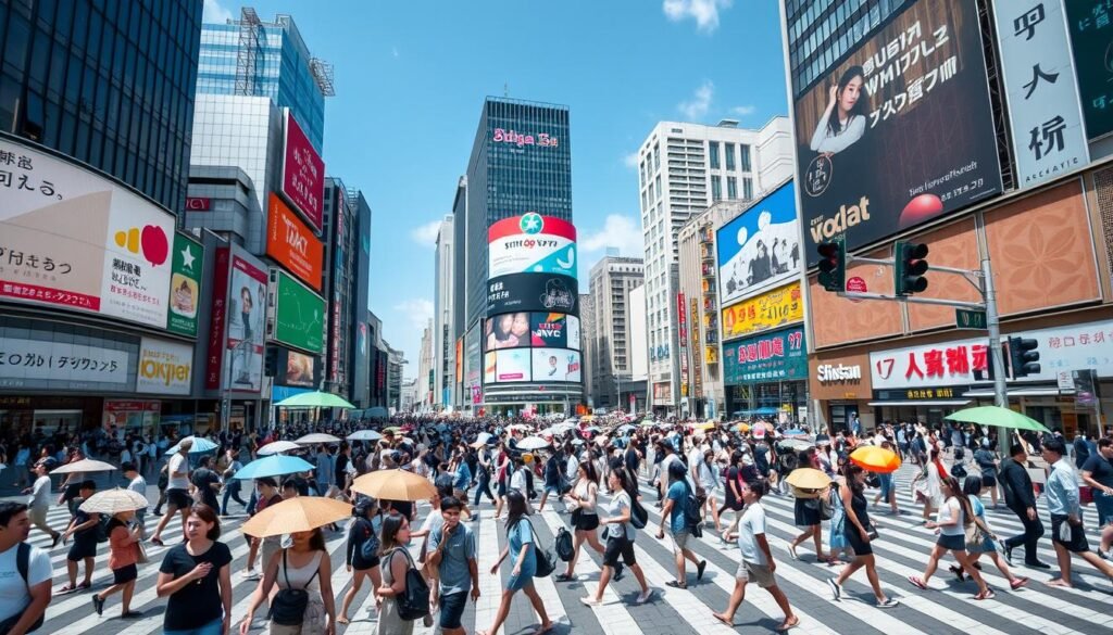 Shibuya Crossing in Tokyo during summer with crowds of people Shibuya Crossing in Tokyo during summer with crowds of people