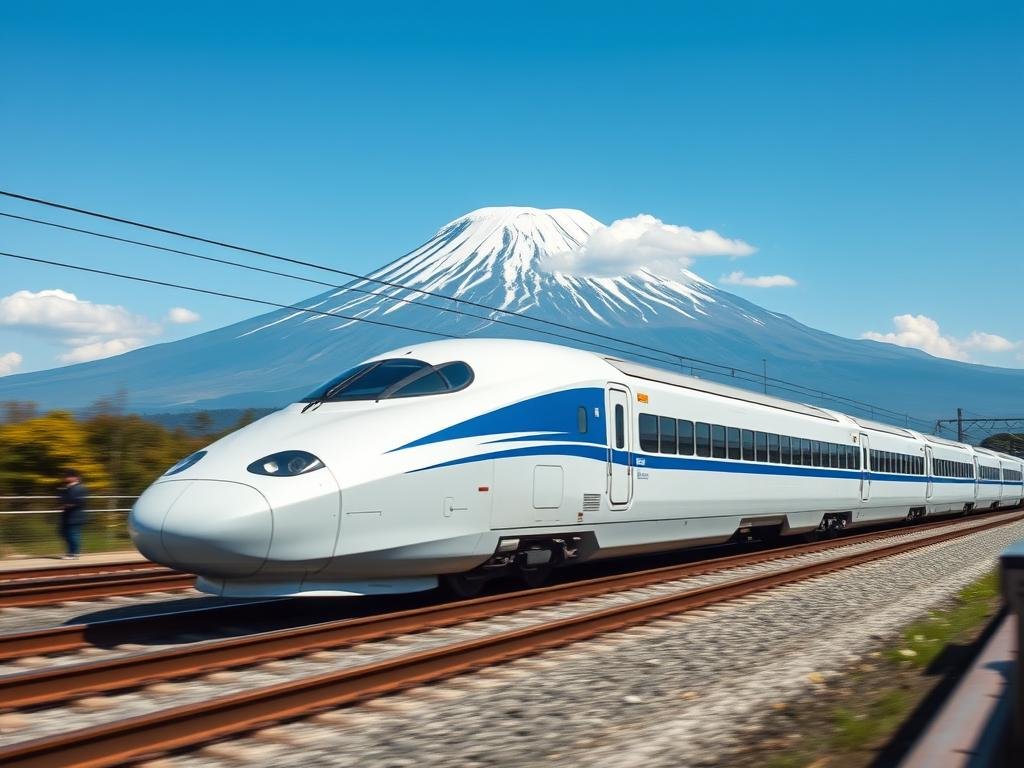 Shinkansen bullet train with Mt. Fuji in background Shinkansen bullet train with Mt. Fuji in background