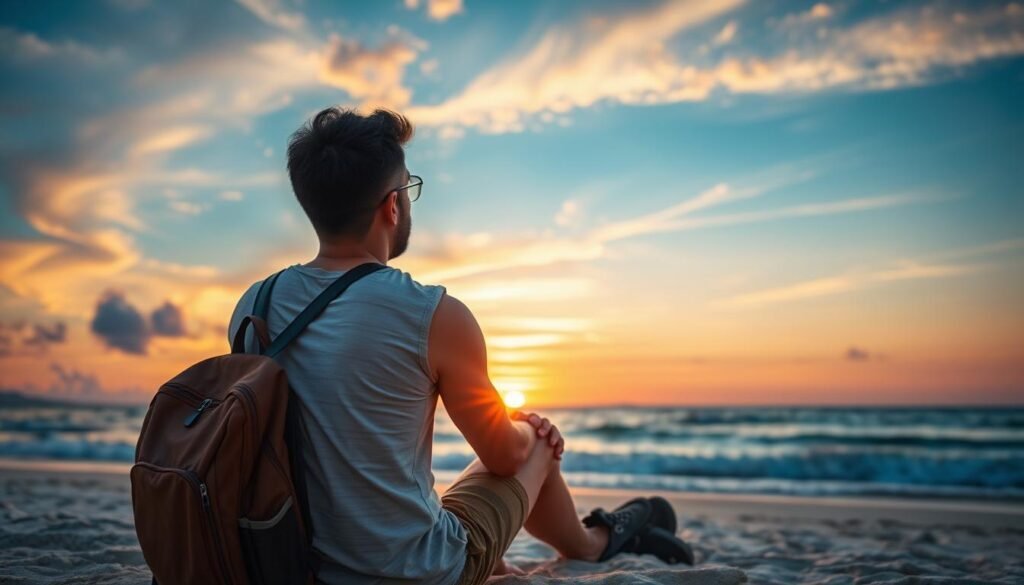 Solo traveler enjoying sunset at a beach destination