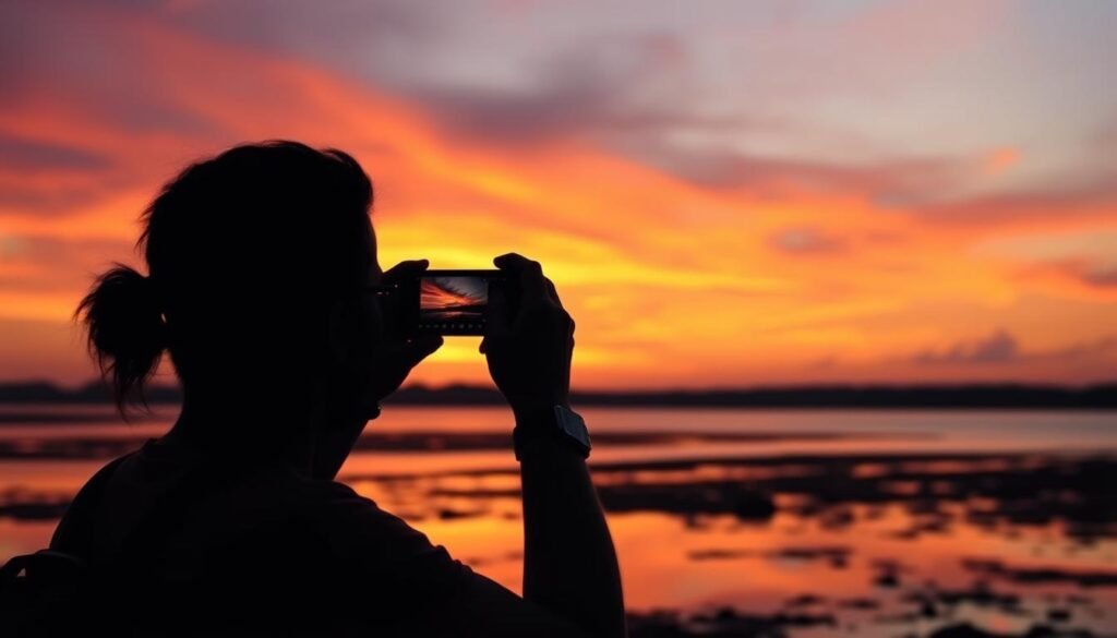 Solo traveler taking photos of a sunset - capturing memories from summer solo travel