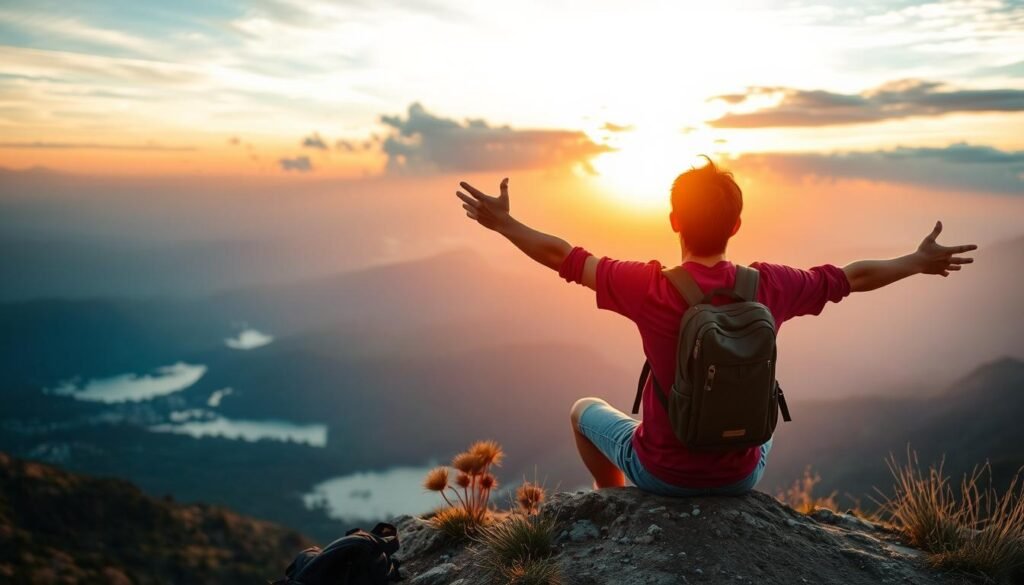Solo traveler watching sunset from a mountain viewpoint - the essence of summer solo travel