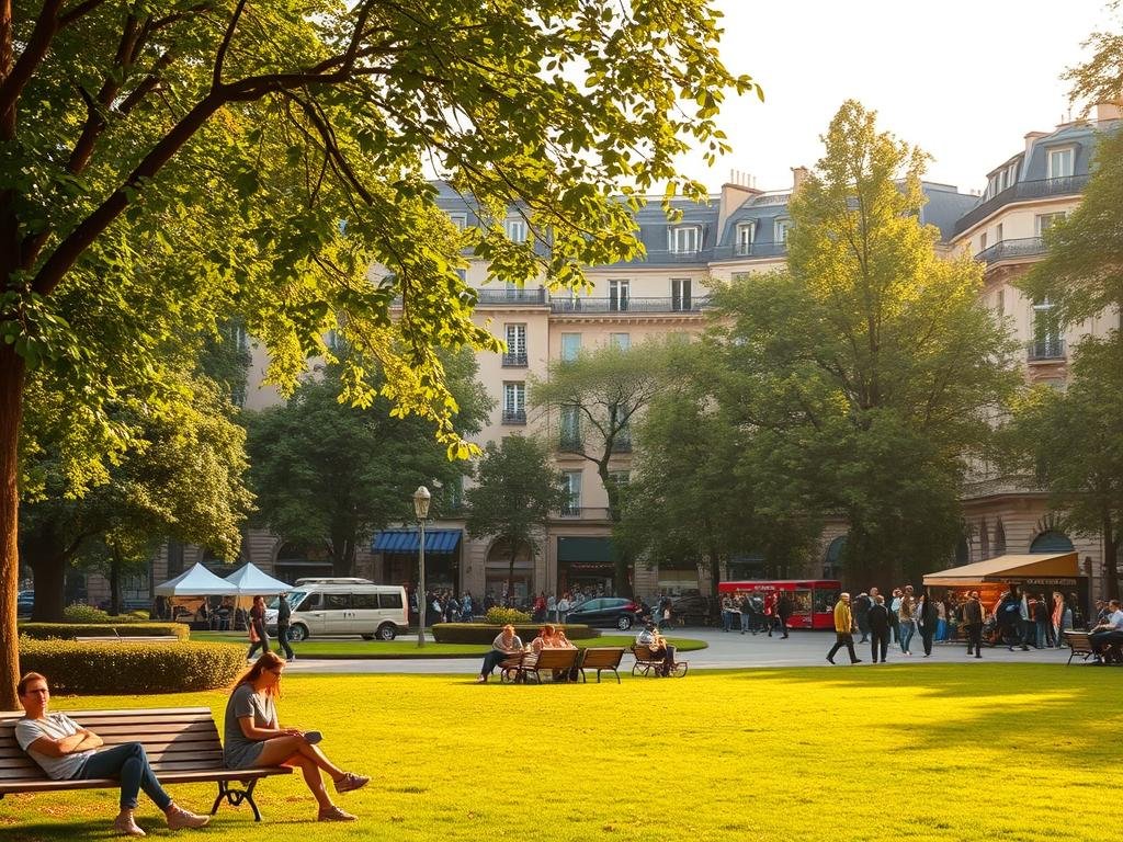 Square des Batignolles park with locals relaxing, surrounded by Haussmannian buildings and a neighborhood market nearby