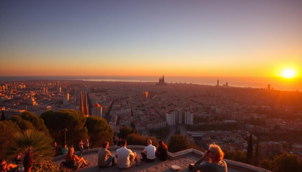 Sunset view of Barcelona skyline from Bunkers del Carmel in summer