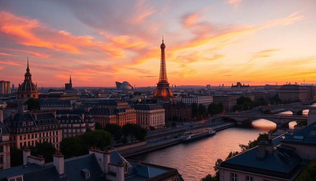 Sunset view of Paris skyline in summer with Eiffel Tower and Seine River