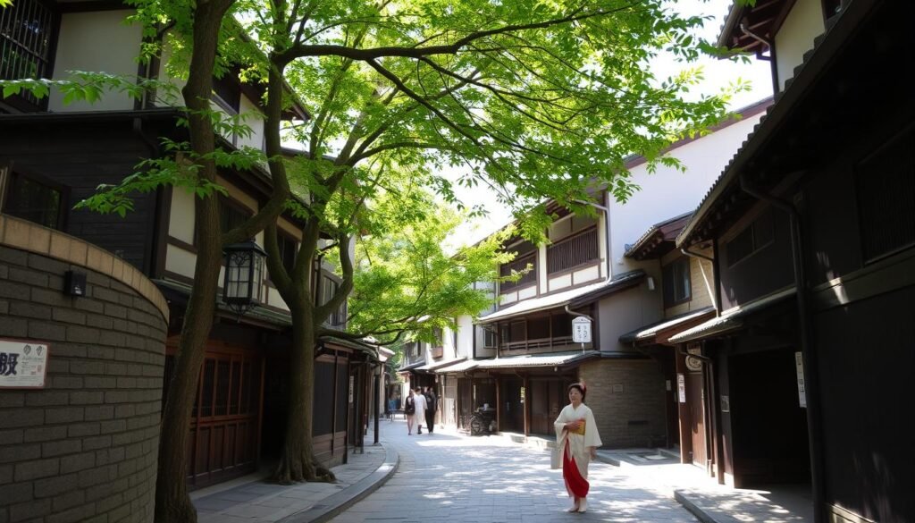 Traditional Japanese street in Gion district, Kyoto during summer Traditional Japanese street in Gion district, Kyoto during summer