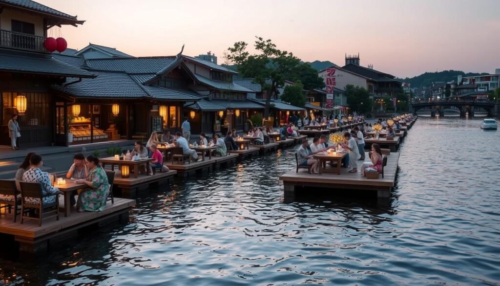 Travelers enjoying evening riverside dining in Kyoto during summer