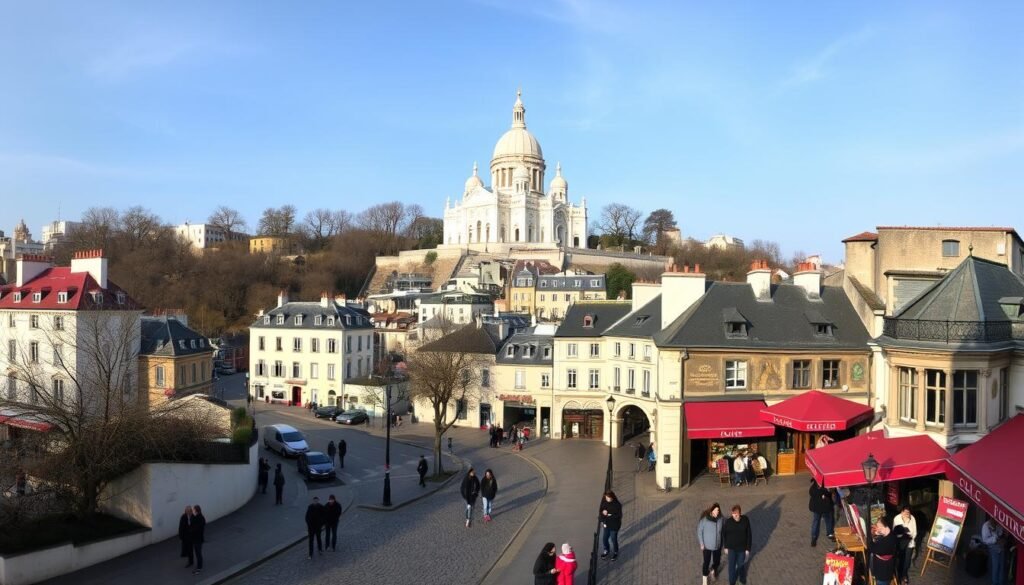 View of Montmartre with Sacré-Cœur Basilica on the hilltop, cobblestone streets, artists painting in the square, and cafés with red awnings