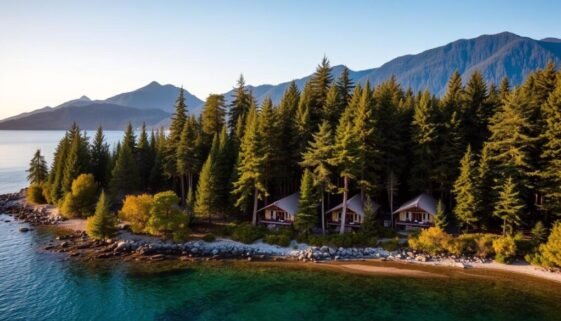 Aerial view of Clayoquot Wilderness Lodge on Vancouver Island with luxury safari tents nestled along the pristine shoreline of Clayoquot Sound
