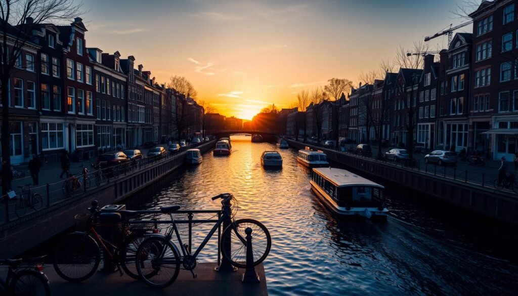 Amsterdam canals with bicycles parked along the edge and traditional Dutch houses Amsterdam canals with bicycles parked along the edge and traditional Dutch houses