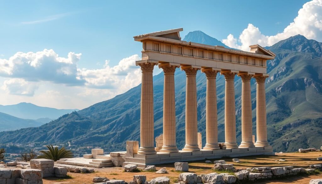 Ancient ruins of Delphi with Temple of Apollo and mountains in the background - perfect final day in your 1 week in Greece itinerary