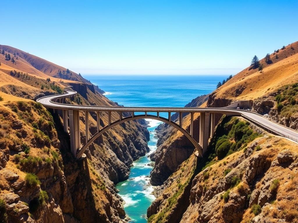 Bixby Creek Bridge on the Pacific Coast Highway during summer Bixby Creek Bridge on the Pacific Coast Highway during summer