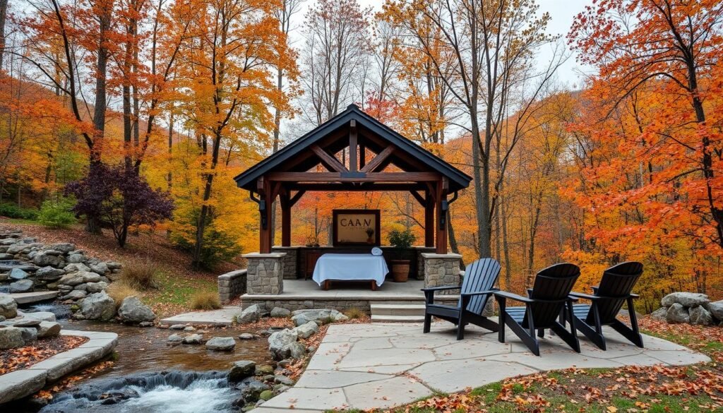 Blue Ridge Mountains spa retreat with outdoor treatment pavilion surrounded by lush forest