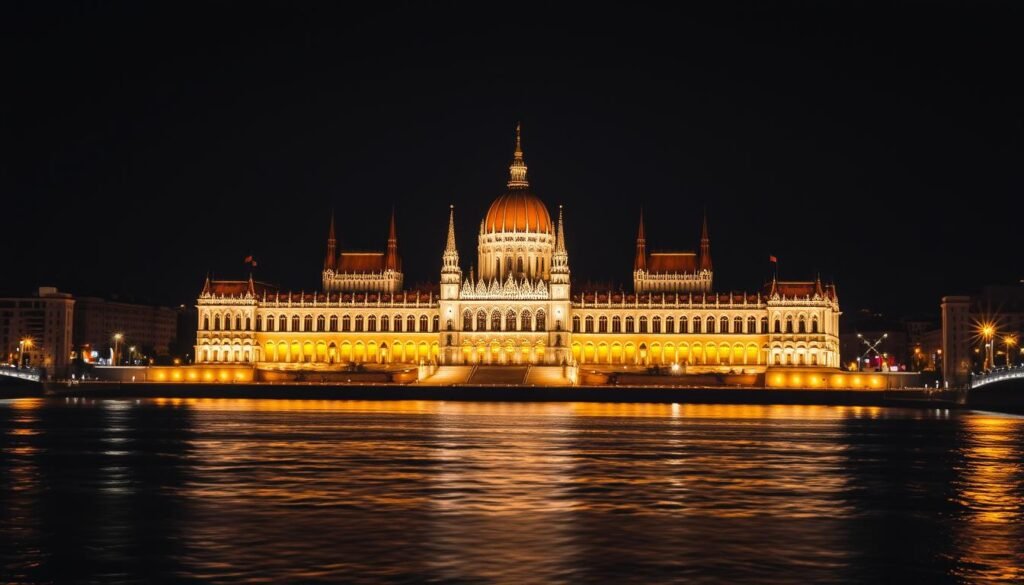 Budapest Parliament building illuminated at night with the Danube River in foreground Budapest Parliament building illuminated at night with the Danube River in foreground