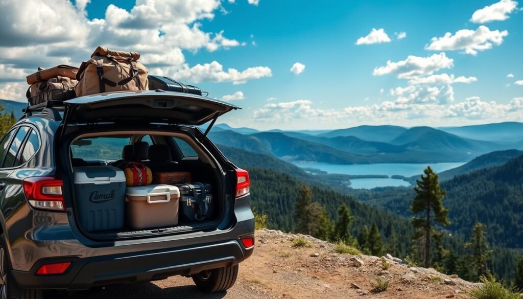 Car packed for a scenic summer road trip with mountains in background
