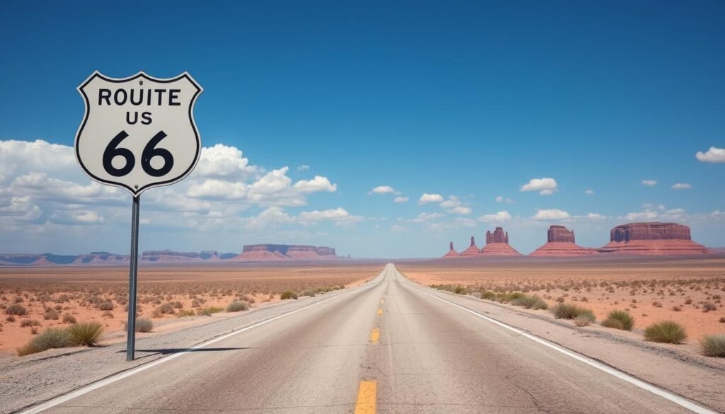 Classic Route 66 road sign with desert landscape in summer Classic Route 66 road sign with desert landscape in summer