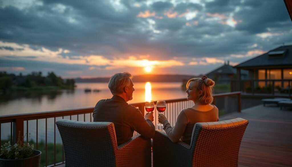 Couple enjoying sunset from a private deck overlooking a lake at a luxurious lake resorts private retreat