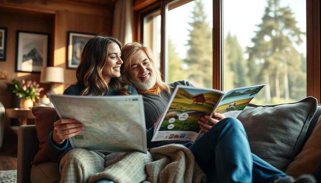 Couple planning a luxury nature getaway with maps and brochures