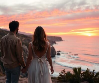 Couple watching sunset over the ocean during a romantic getaway in Southern California