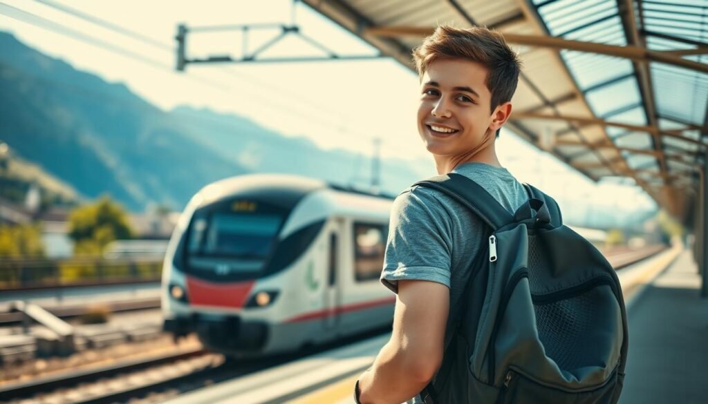 European train passing through scenic countryside with backpacker standing on platform