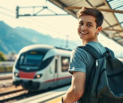 European train passing through scenic countryside with backpacker standing on platform