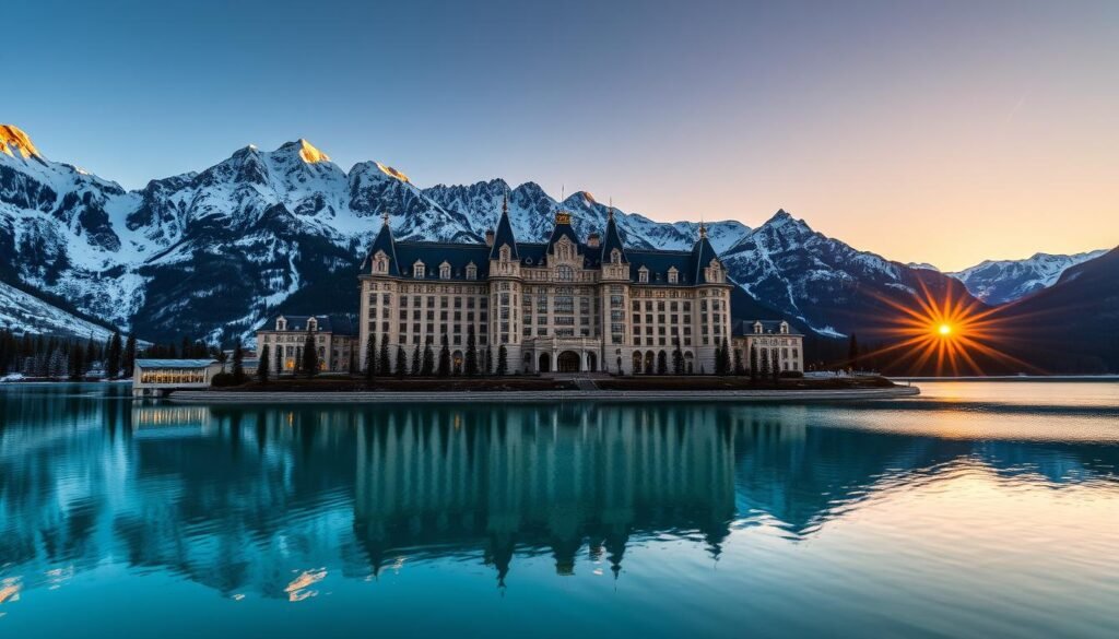 Fairmont Chateau Lake Louise with its iconic turquoise lake surrounded by majestic mountains offering a luxurious lake resorts private retreat experience