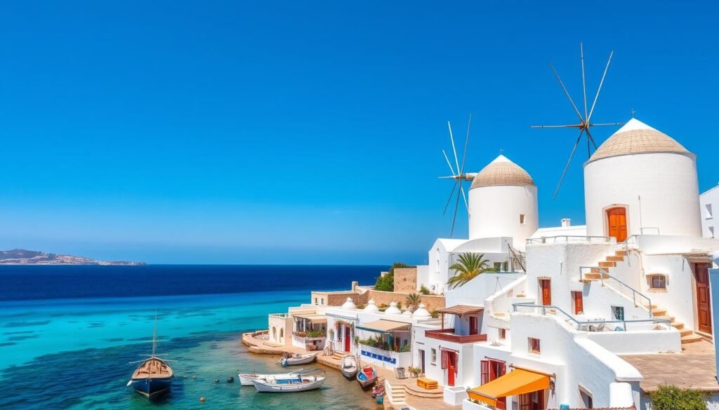 Famous windmills of Mykonos with Little Venice in the foreground - a picturesque stop in your 1 week in Greece itinerary Famous windmills of Mykonos with Little Venice in the foreground - a picturesque stop in your 1 week in Greece itinerary