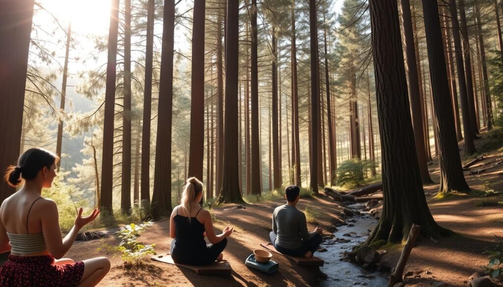 Forest bathing therapy session at a Japanese mountain spa retreat