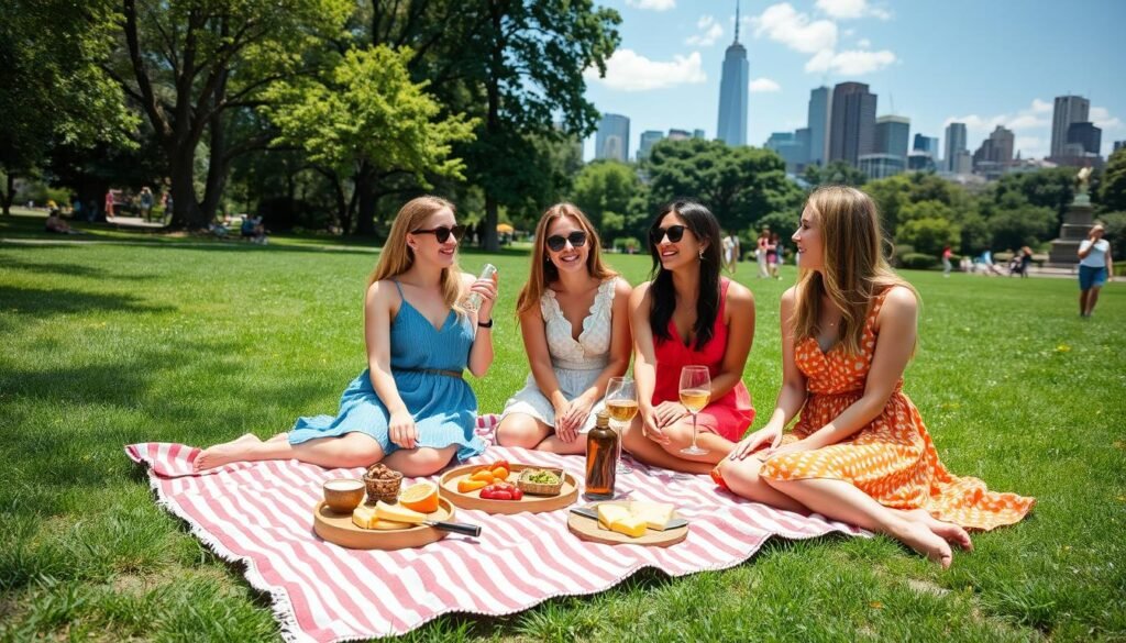 Friends enjoying a picnic in Central Park on a sunny summer day Friends enjoying a picnic in Central Park on a sunny summer day