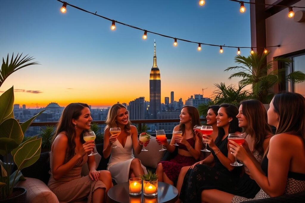 Friends enjoying cocktails at "230 Fifth" rooftop bar with Empire State Building view Friends enjoying cocktails at "230 Fifth" rooftop bar with Empire State Building view