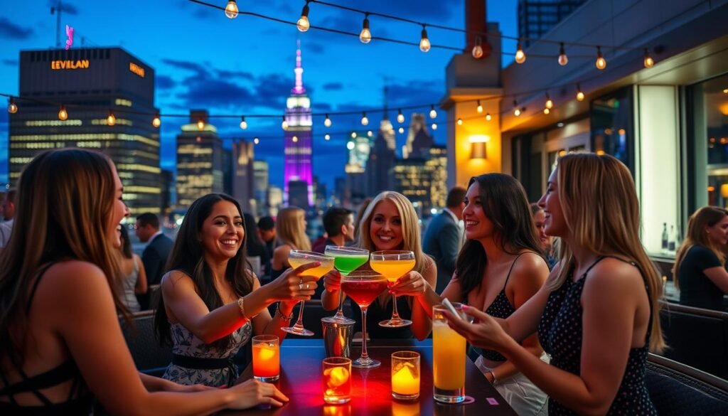 Friends enjoying cocktails at a stylish NYC rooftop bar at night