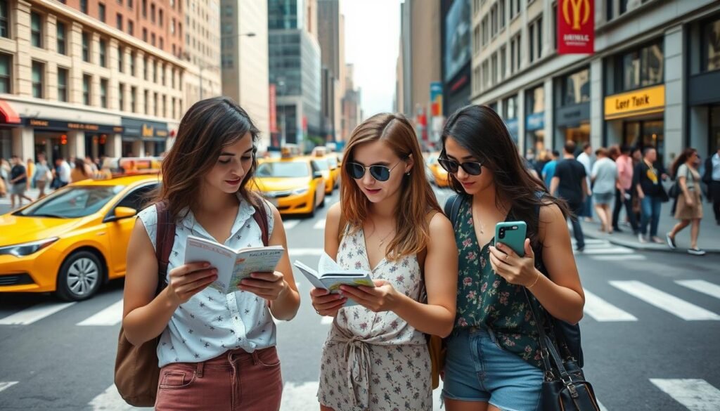 Friends navigating NYC with maps and smartphones