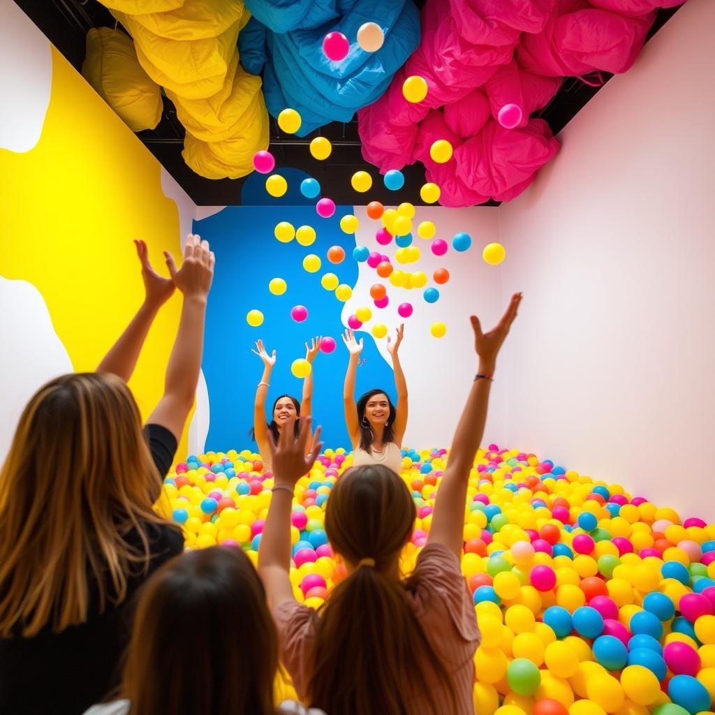 Friends posing in colorful interactive exhibits at The Color Factory