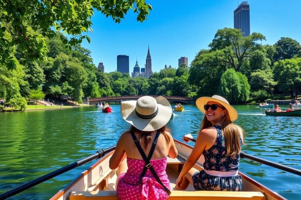 Friends rowing boats on The Lake in Central Park
