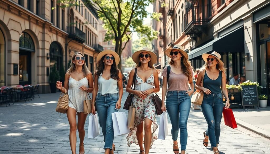 Friends shopping in SoHo with shopping bags on a summer day in NYC Friends shopping in SoHo with shopping bags on a summer day in NYC