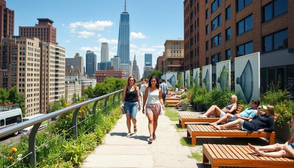 Friends walking along the High Line park in summer