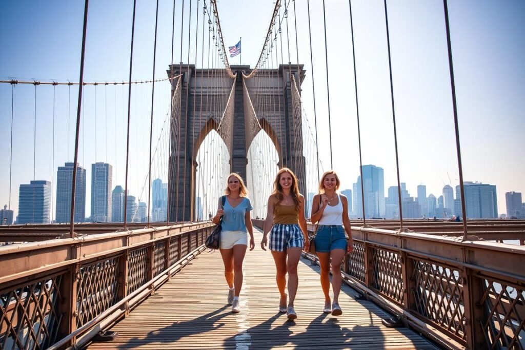 Group of friends walking across the Brooklyn Bridge on a sunny summer morning Group of friends walking across the Brooklyn Bridge on a sunny summer morning
