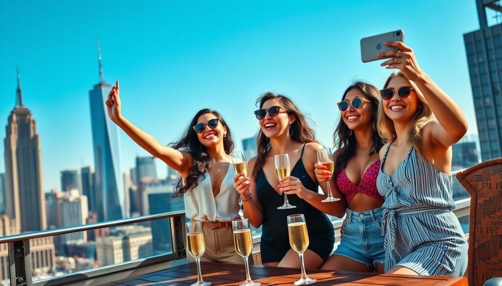 Group of girlfriends enjoying a rooftop view of the New York City skyline in summer