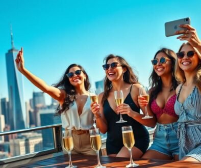 Group of girlfriends enjoying a rooftop view of the New York City skyline in summer