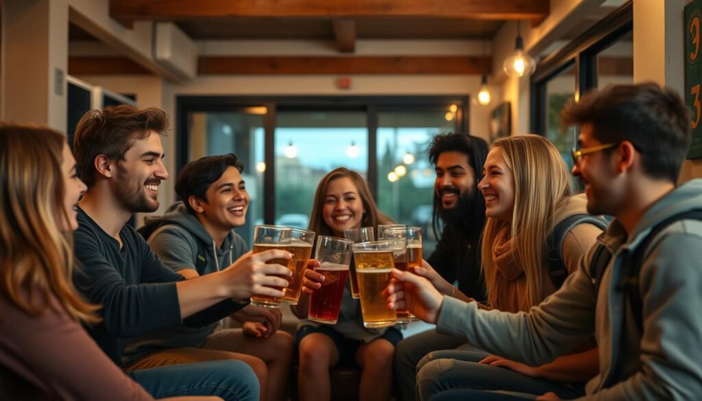 Group of young backpackers from different countries toasting drinks at a hostel common area Group of young backpackers from different countries toasting drinks at a hostel common area