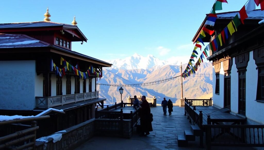 Himalayan mountain spa retreat with traditional architecture and prayer flags overlooking snow-capped peaks