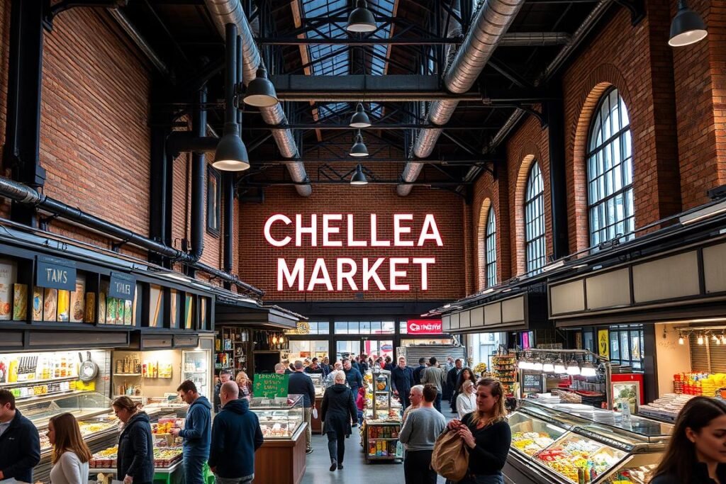 Interior of Chelsea Market with food vendors and shops