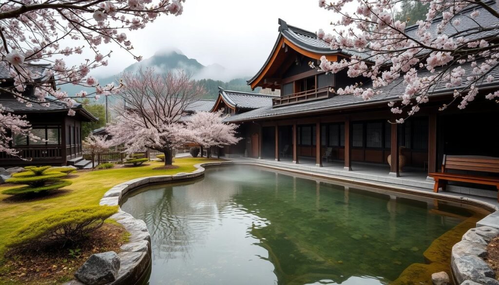 Japanese mountain onsen retreat with traditional wooden architecture and cherry blossoms