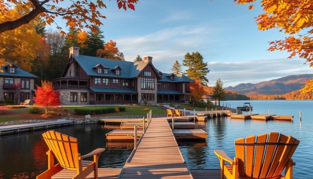 Lake Placid Lodge with Arts and Crafts architecture surrounded by forest and overlooking the pristine lake, offering a luxurious lake resorts private retreat