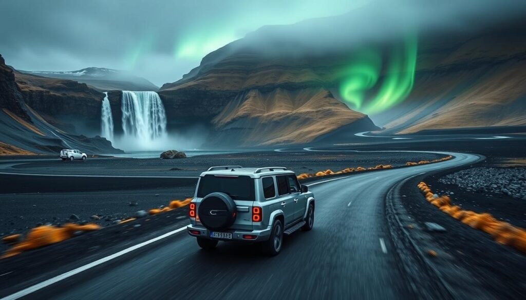 Luxury 4x4 vehicle on Iceland's Ring Road with views of waterfalls and volcanic landscapes in 2025 Luxury 4x4 vehicle on Iceland's Ring Road with views of waterfalls and volcanic landscapes in 2025