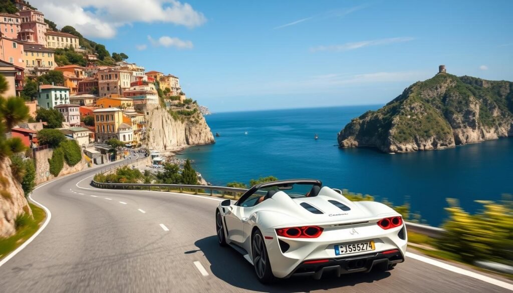 Luxury car navigating the winding roads of Italy's Amalfi Coast with Mediterranean views in 2025 Luxury car navigating the winding roads of Italy's Amalfi Coast with Mediterranean views in 2025