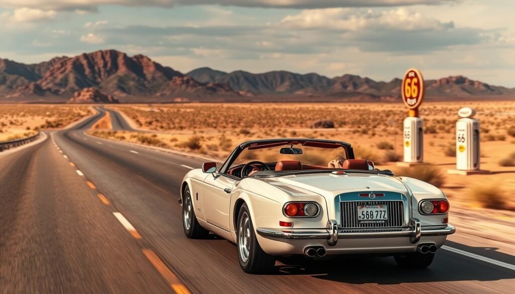 Luxury classic car on Route 66 with iconic American landscape in 2025